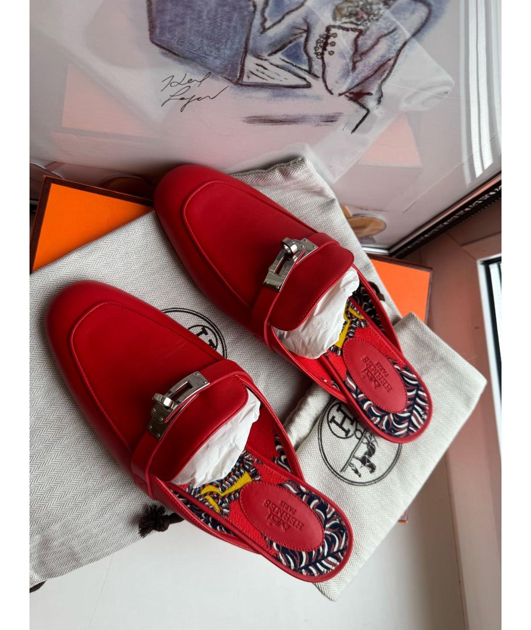 HERMES Красные кожаные мюли, фото 4