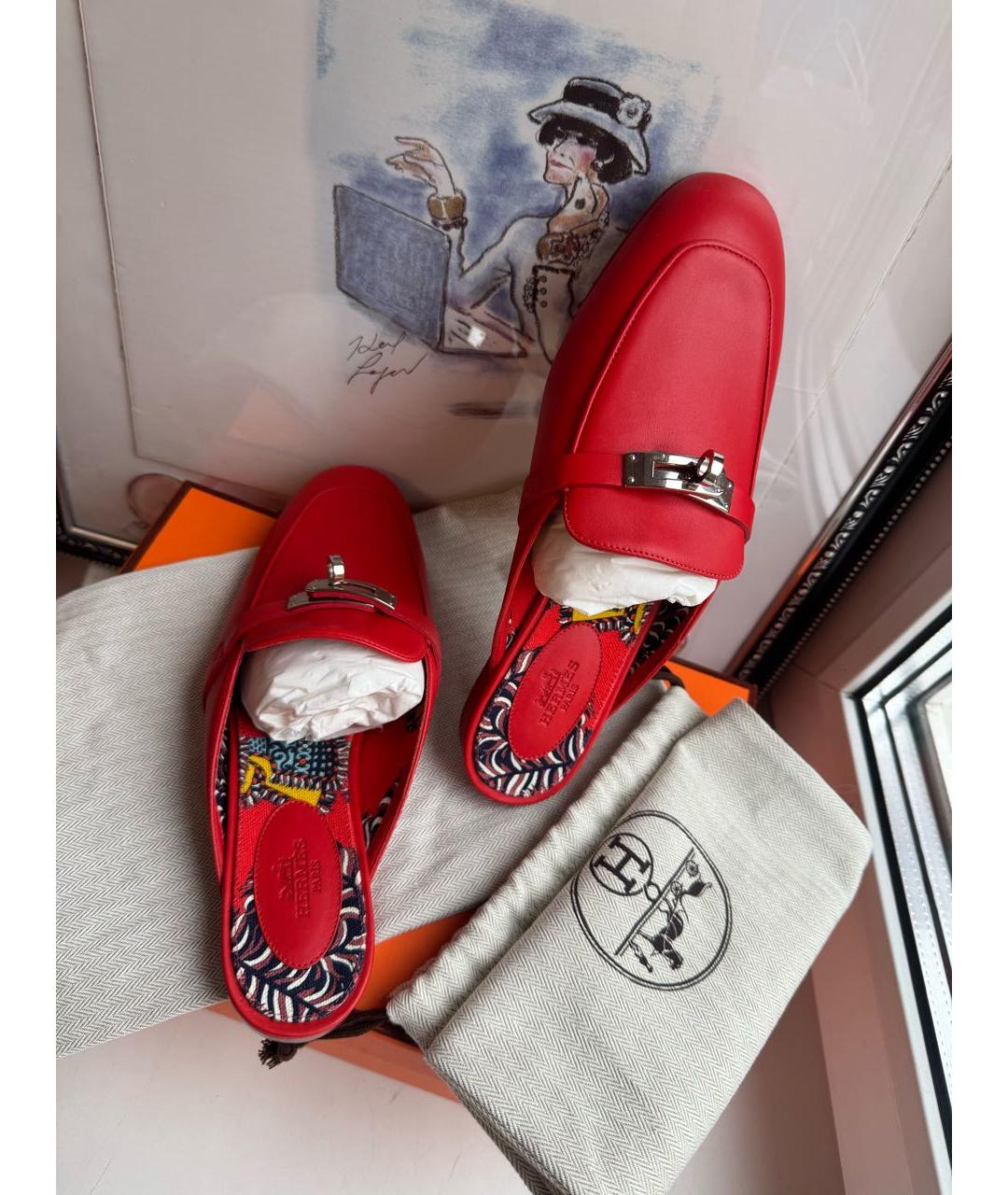 HERMES Красные кожаные мюли, фото 2