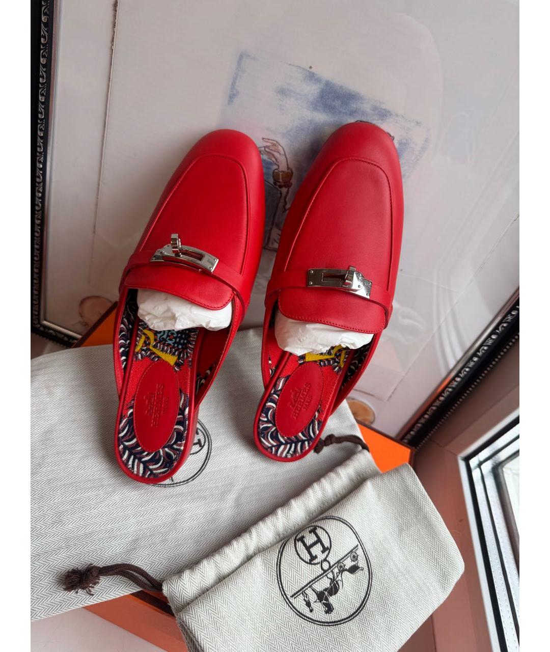 HERMES Красные кожаные мюли, фото 5