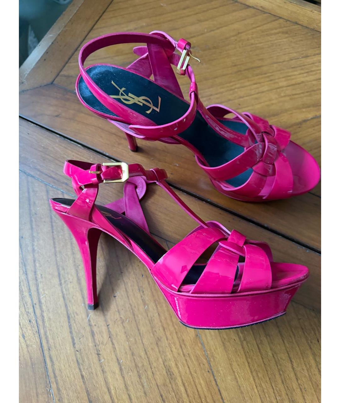 SAINT LAURENT Фуксия босоножки из лакированной кожи, фото 5