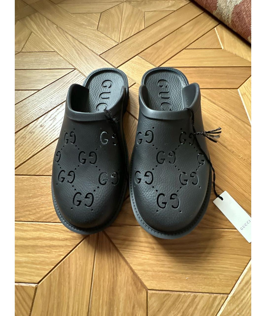 GUCCI Черные резиновые шлепанцы, фото 2