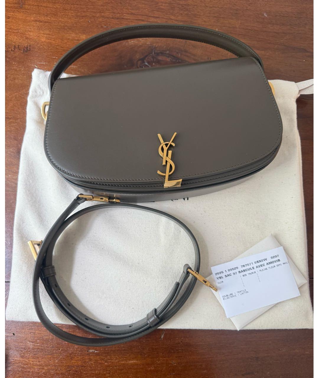 SAINT LAURENT Хаки кожаная сумка с короткими ручками, фото 4