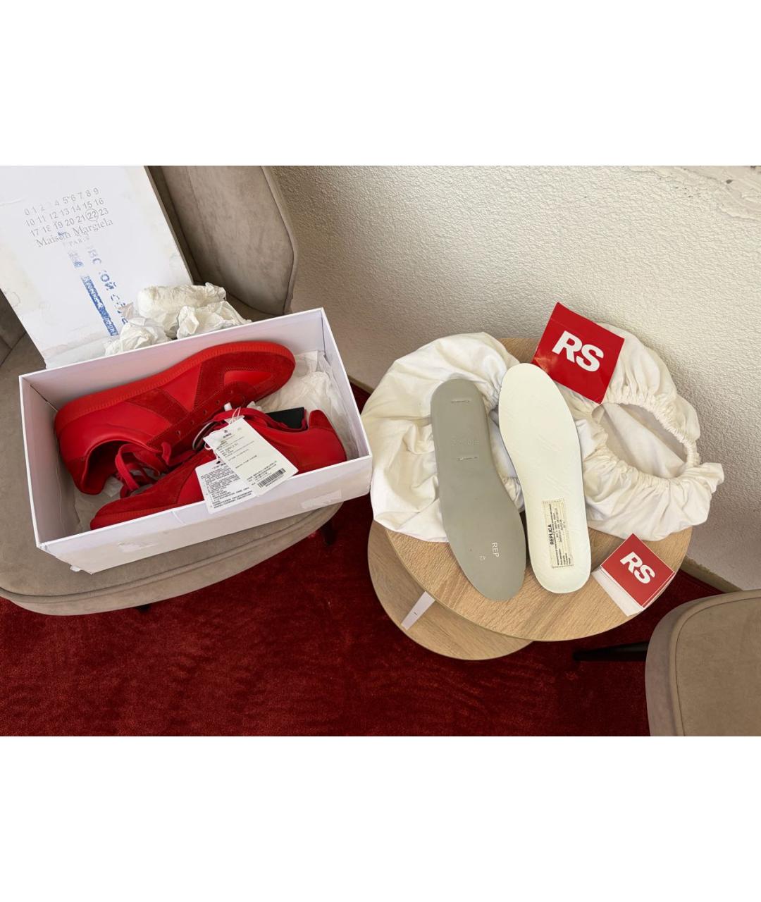 MAISON MARGIELA Красные кожаные низкие кроссовки / кеды, фото 8