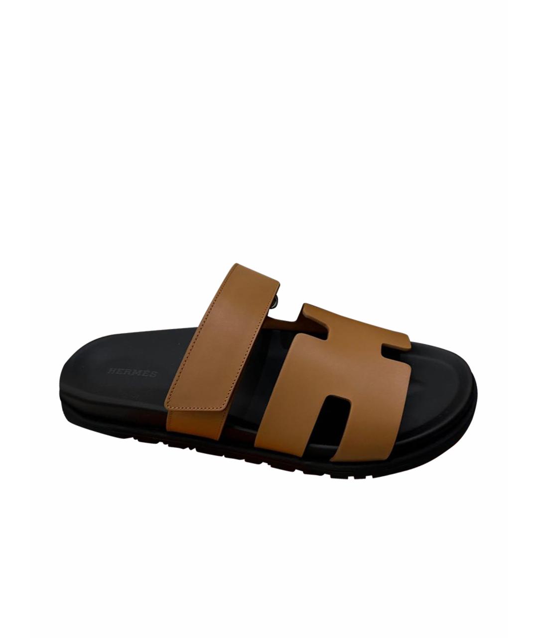 HERMES Коричневые кожаные шлепанцы, фото 1