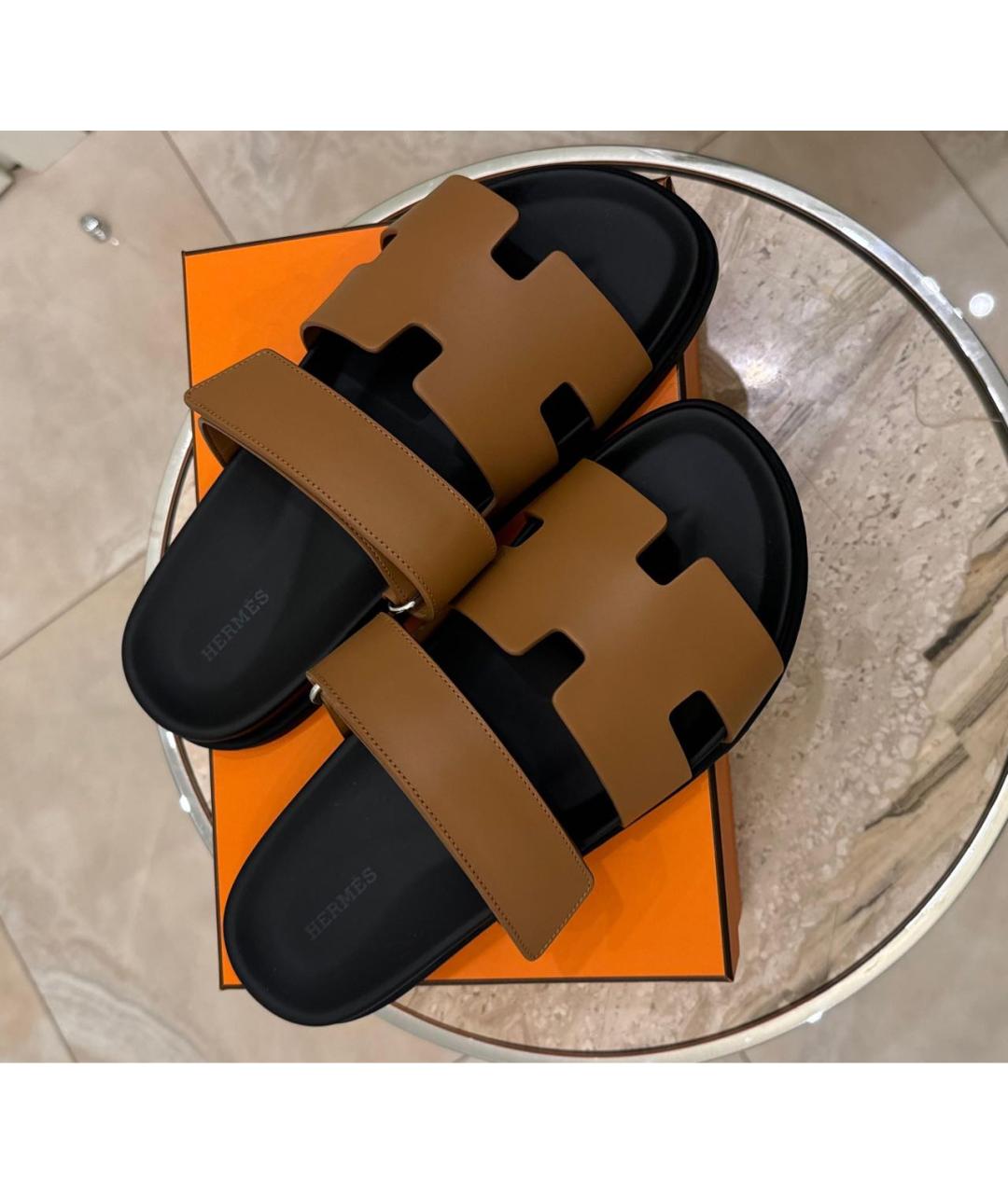 HERMES Коричневые кожаные шлепанцы, фото 2