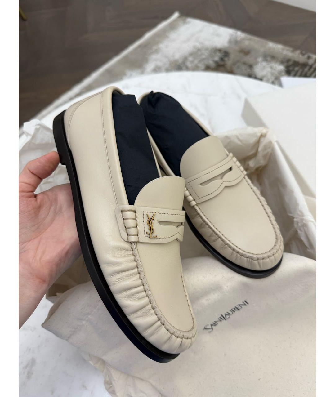 SAINT LAURENT Бежевые кожаные мокасины, фото 4