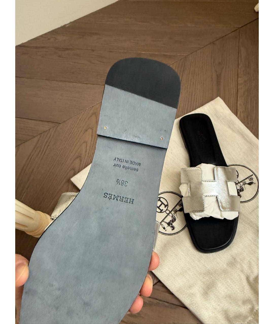 HERMES Серебряные кожаные шлепанцы, фото 2