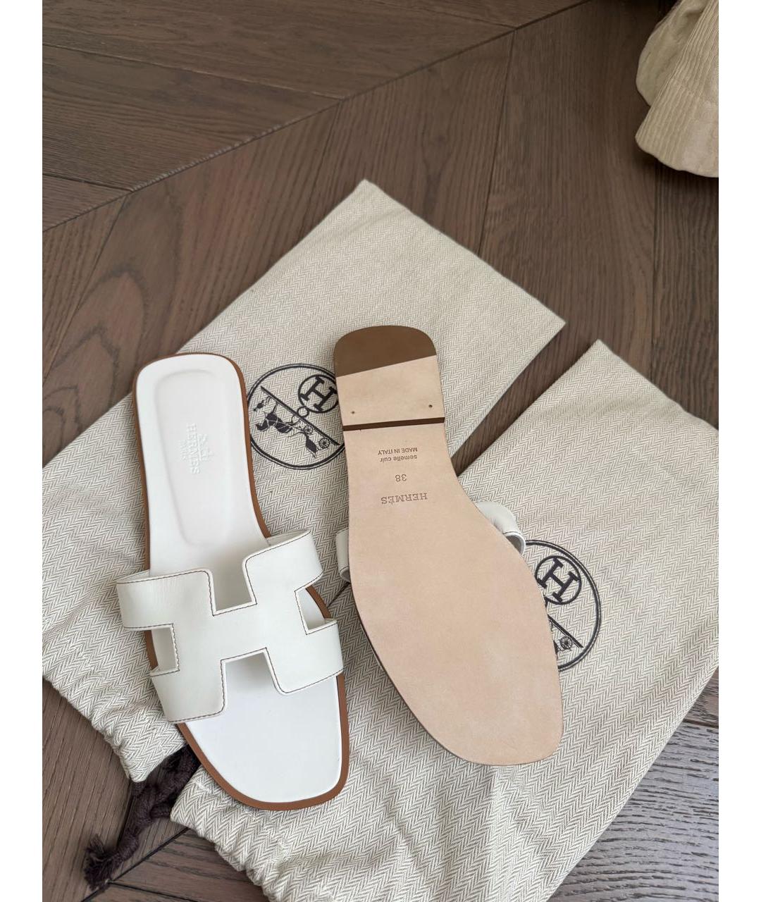 HERMES Белые кожаные шлепанцы, фото 2