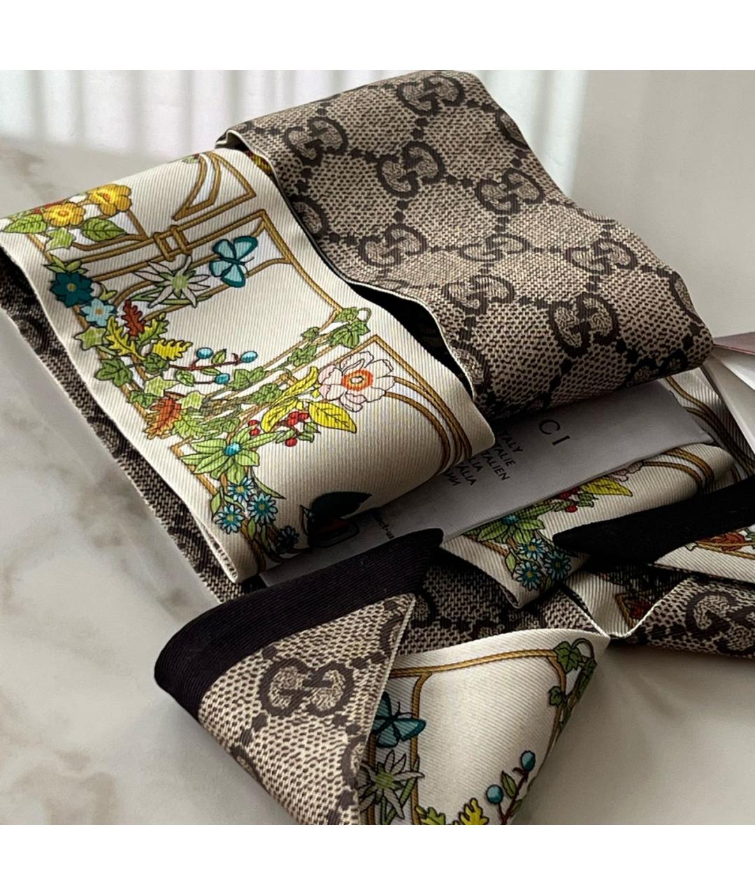 GUCCI Бежевый шелковый платок, фото 5