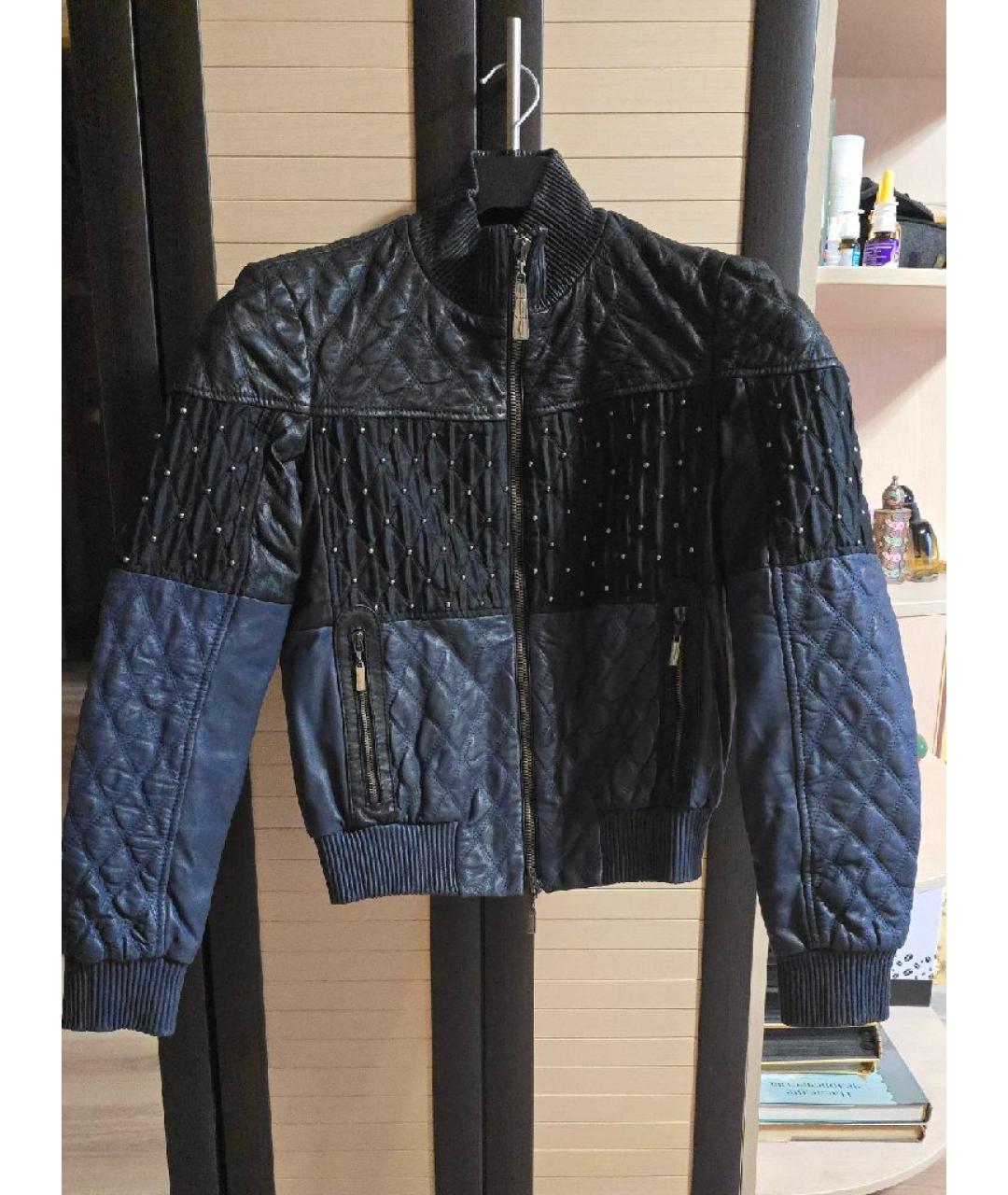 ROBERTO CAVALLI Темно-синяя кожаная куртка, фото 5