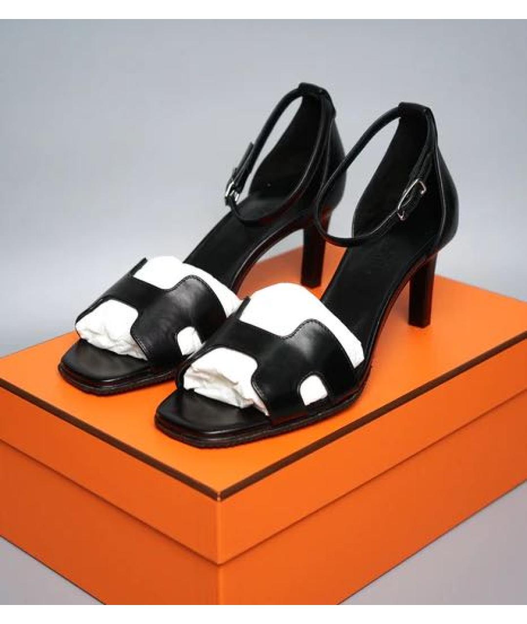 HERMES Черные кожаные босоножки, фото 4