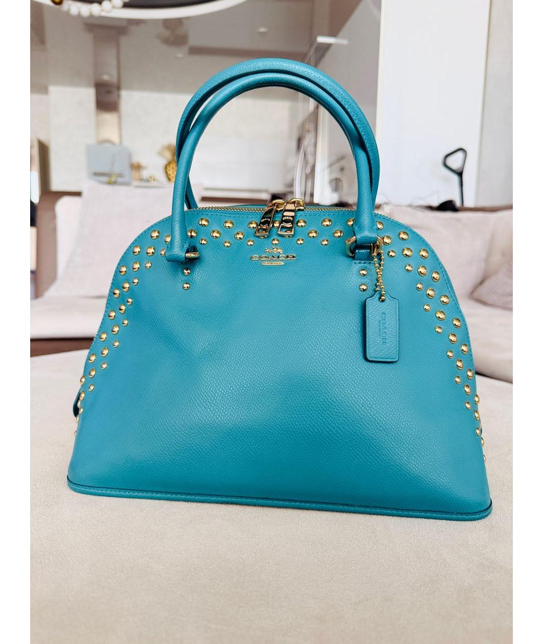 COACH Бирюзовая кожаная сумка с короткими ручками, фото 2