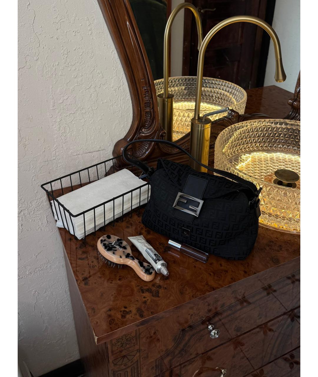 FENDI Черная тканевая сумка с короткими ручками, фото 8