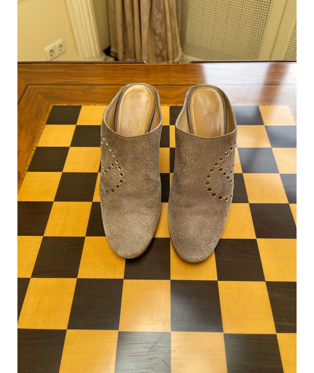 HERMES Серые кожаные мюли, фото 2