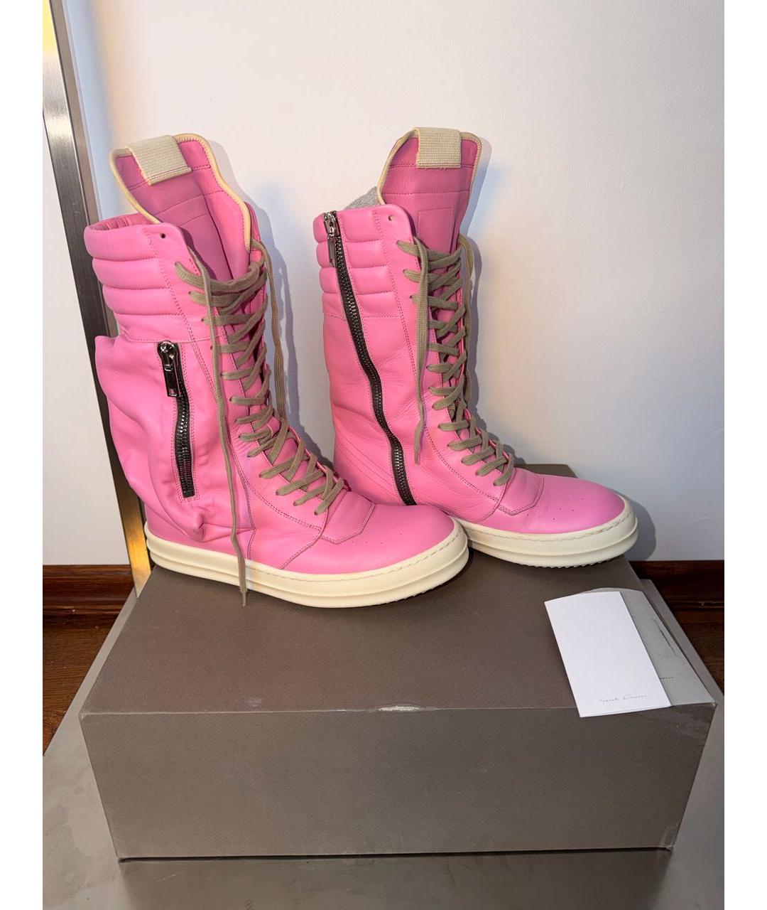 RICK OWENS Розовые кожаные высокие кроссовки / кеды, фото 5