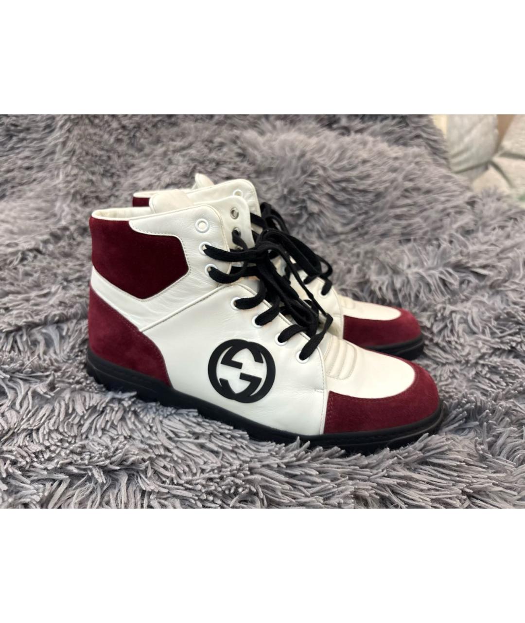 GUCCI Бордовые кожаные высокие кроссовки / кеды, фото 7