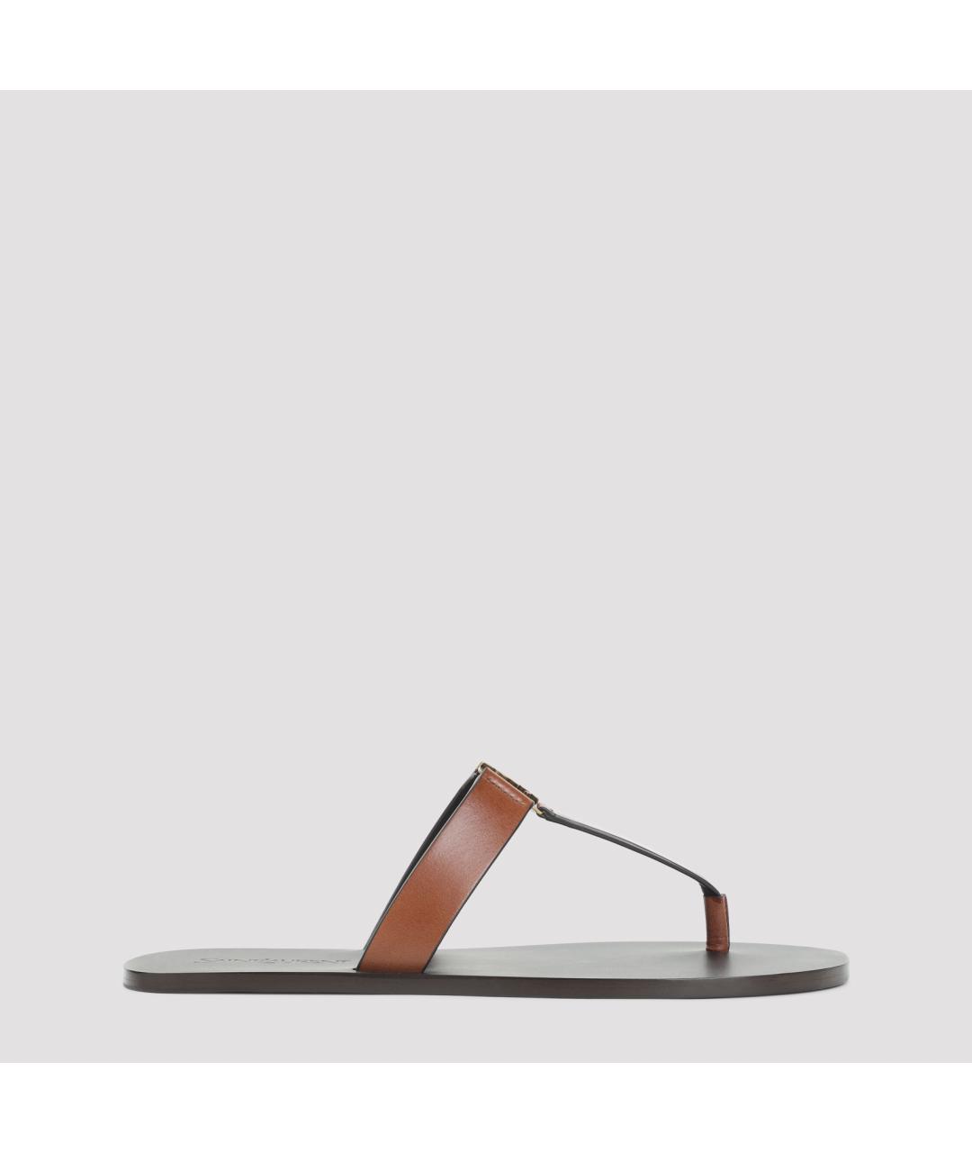 SAINT LAURENT Коричневые кожаные шлепанцы, фото 2