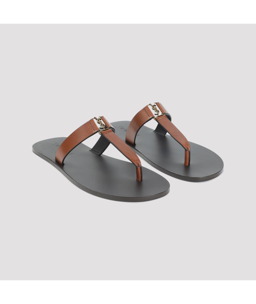 SAINT LAURENT Коричневые кожаные шлепанцы, фото 5