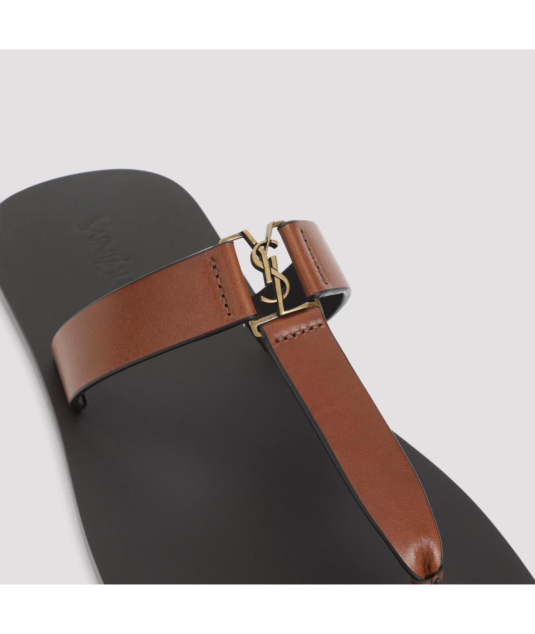 SAINT LAURENT Коричневые кожаные шлепанцы, фото 6