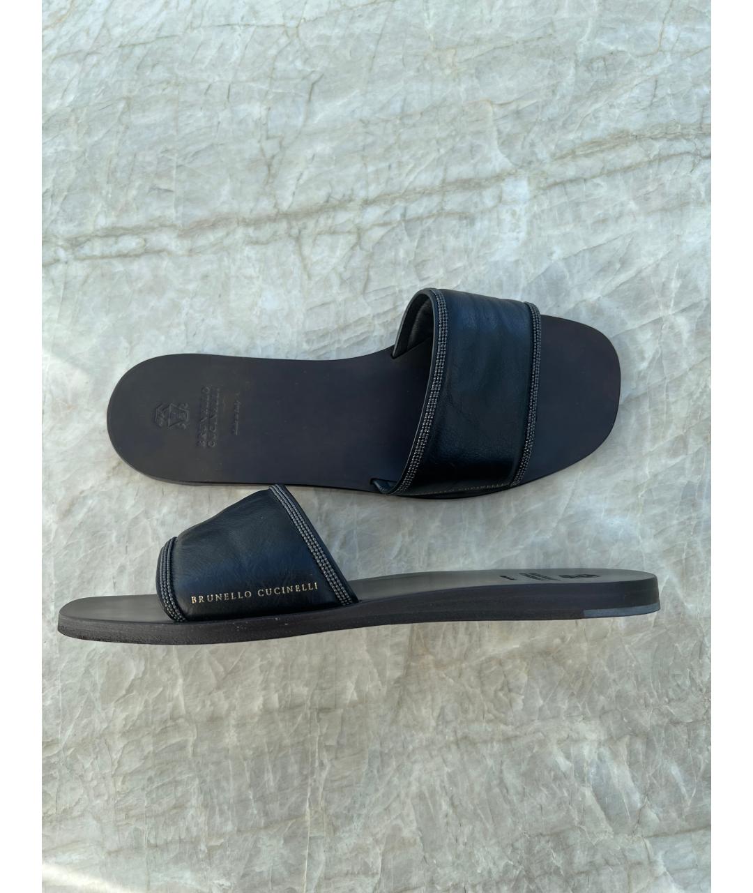 BRUNELLO CUCINELLI Черные кожаные шлепанцы, фото 6
