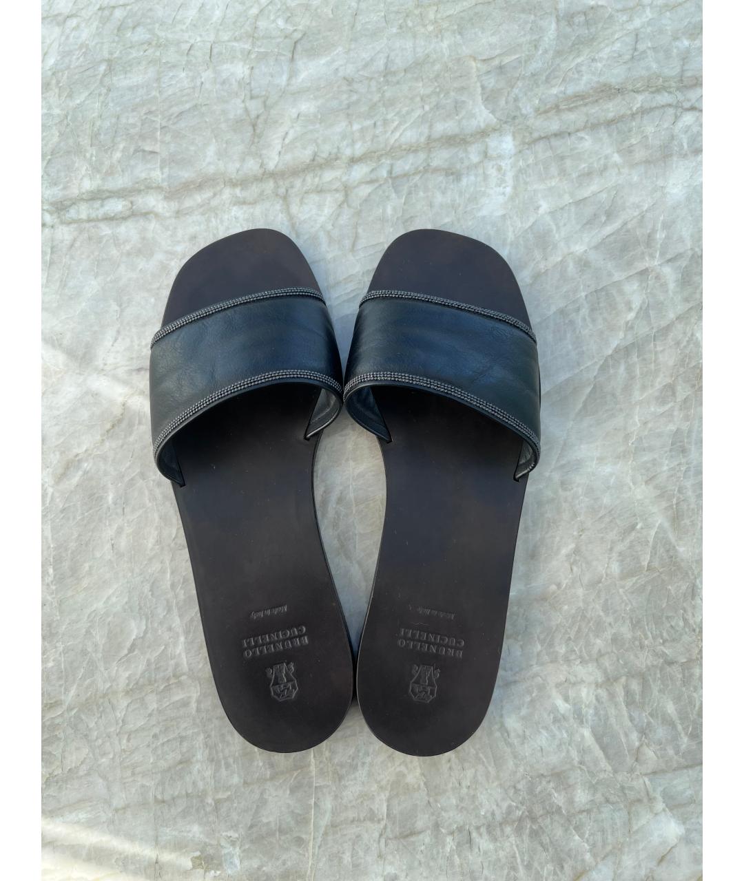 BRUNELLO CUCINELLI Черные кожаные шлепанцы, фото 3