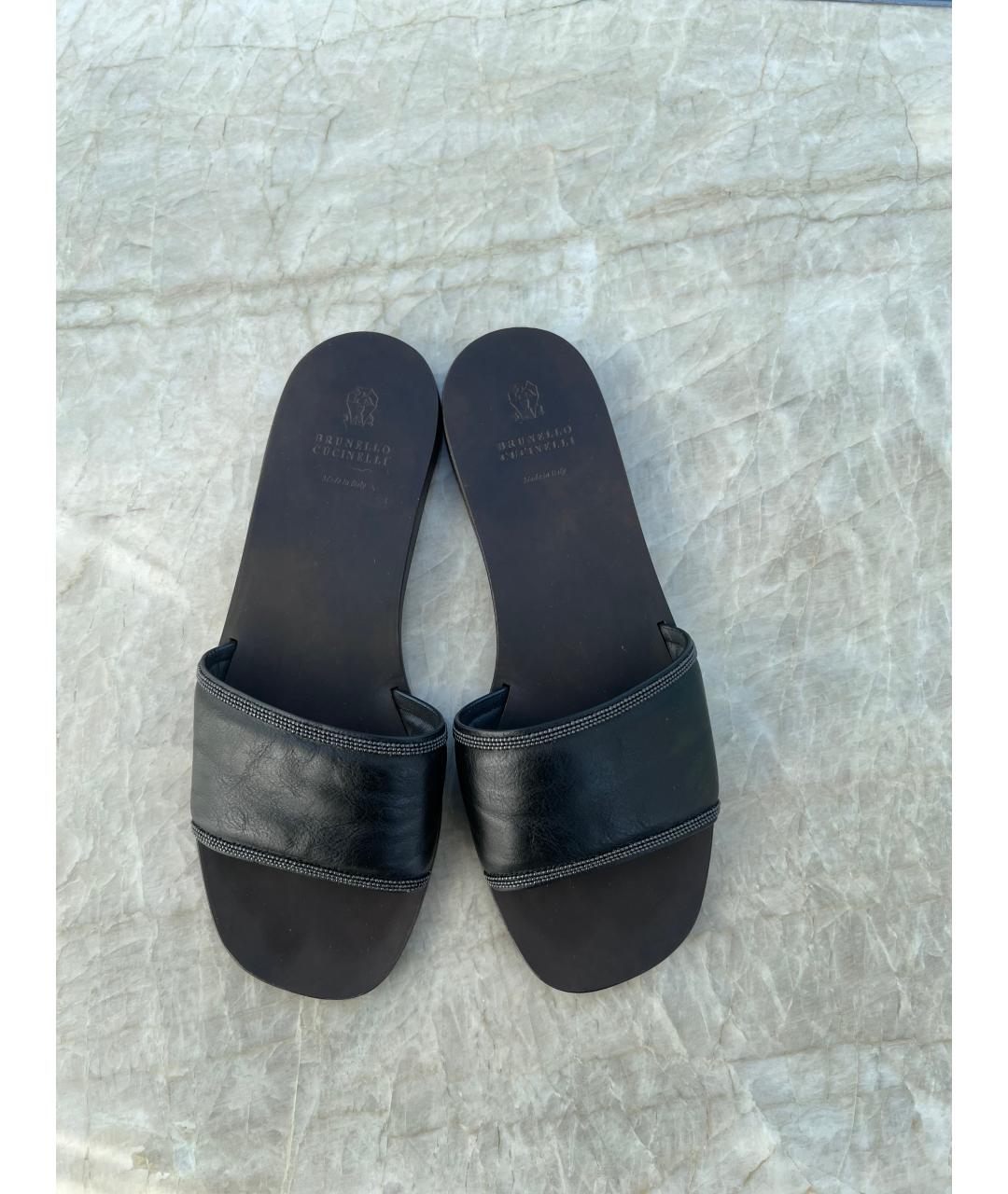BRUNELLO CUCINELLI Черные кожаные шлепанцы, фото 2