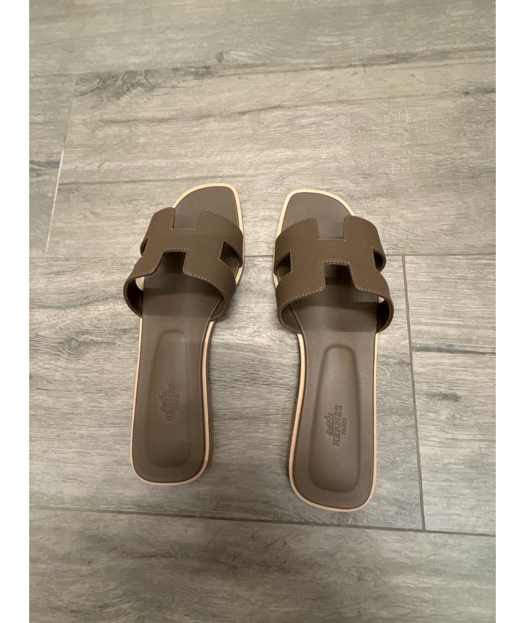 HERMES Хаки кожаные шлепанцы, фото 3