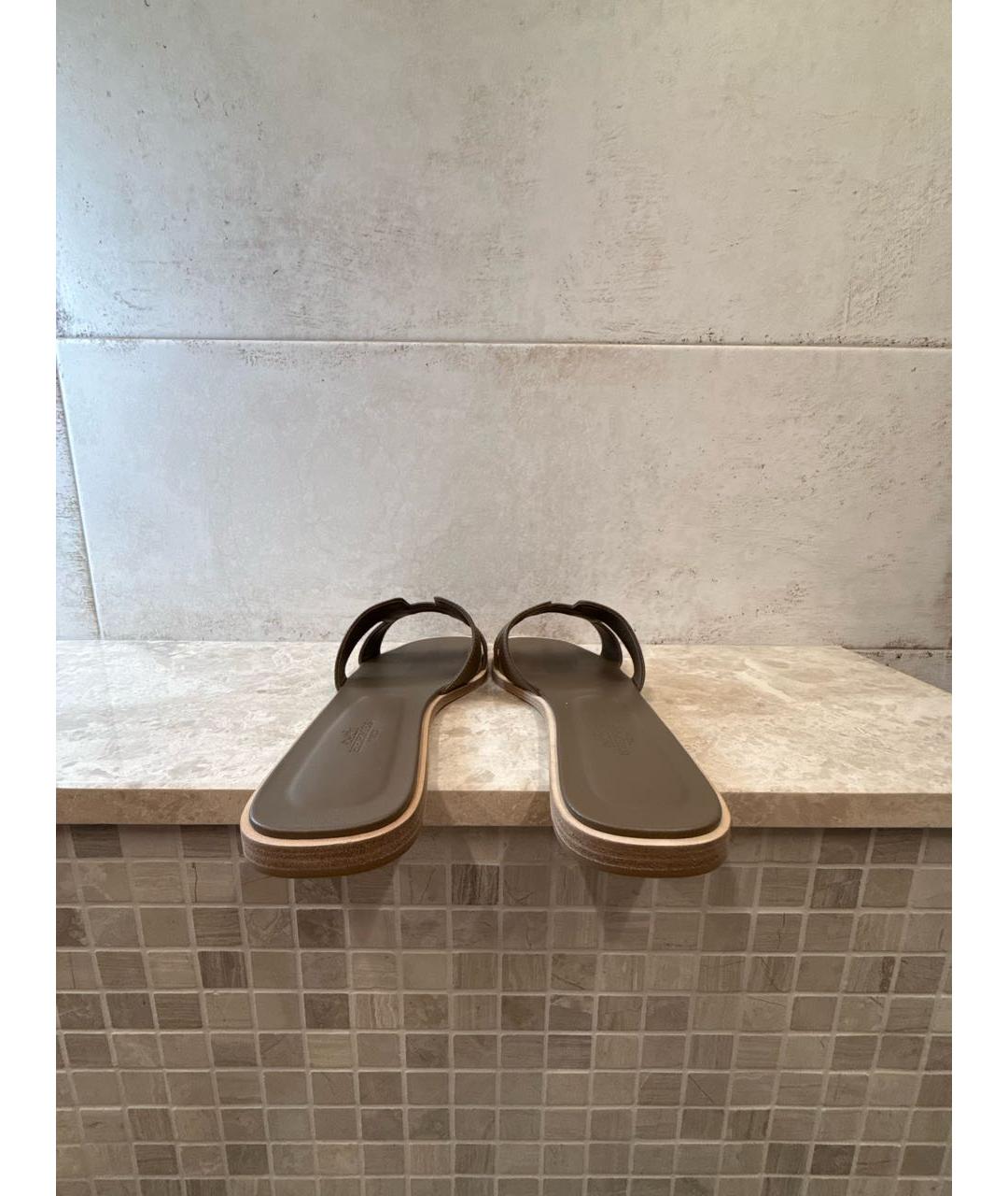 HERMES Хаки кожаные шлепанцы, фото 4