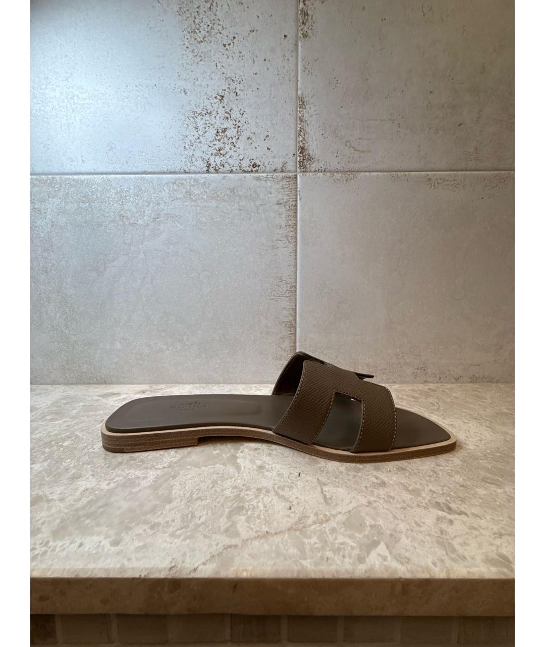 HERMES Хаки кожаные шлепанцы, фото 5