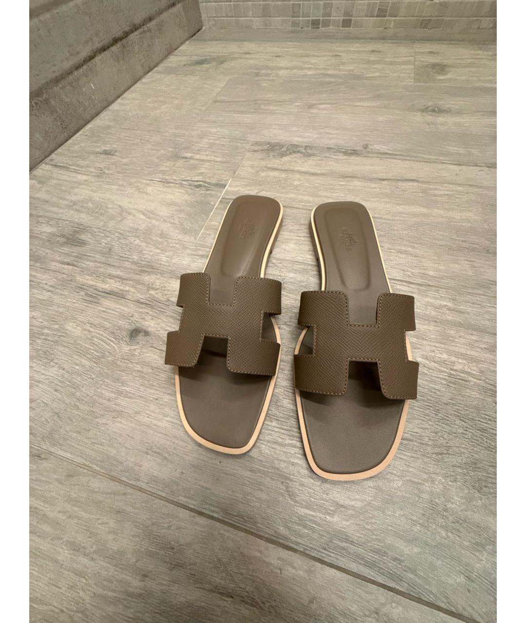 HERMES Хаки кожаные шлепанцы, фото 2