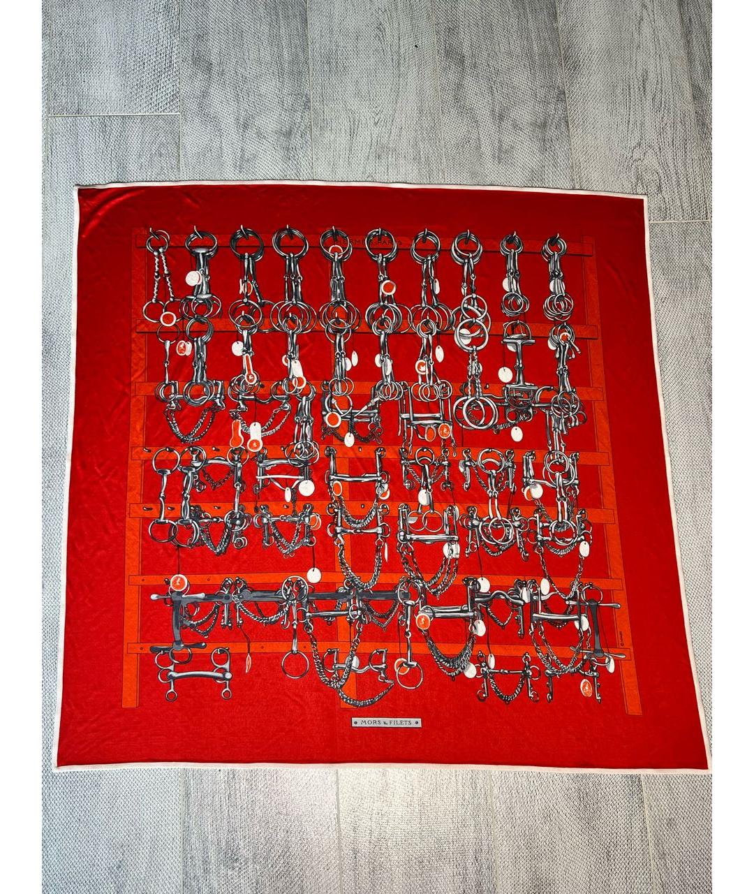 HERMES Красный шелковый платок, фото 7