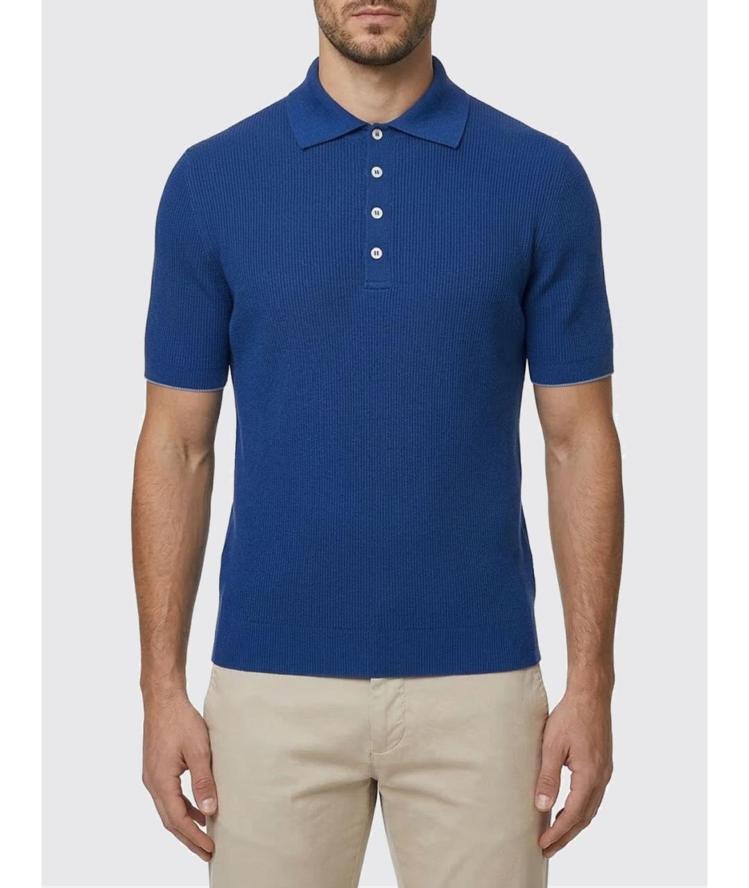 BRUNELLO CUCINELLI Синее хлопковое поло с коротким рукавом, фото 5