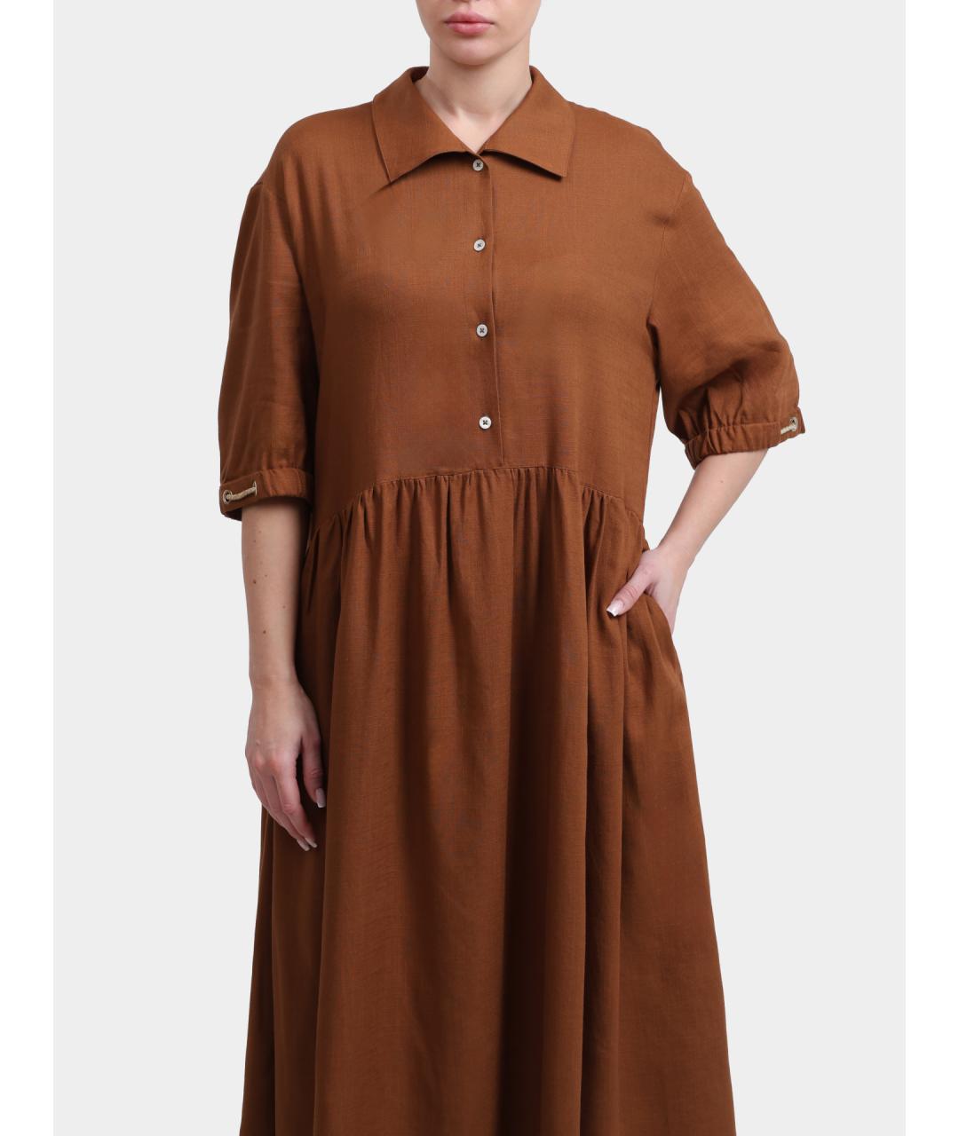 HERNO Коричневое льняное повседневное платье, фото 2