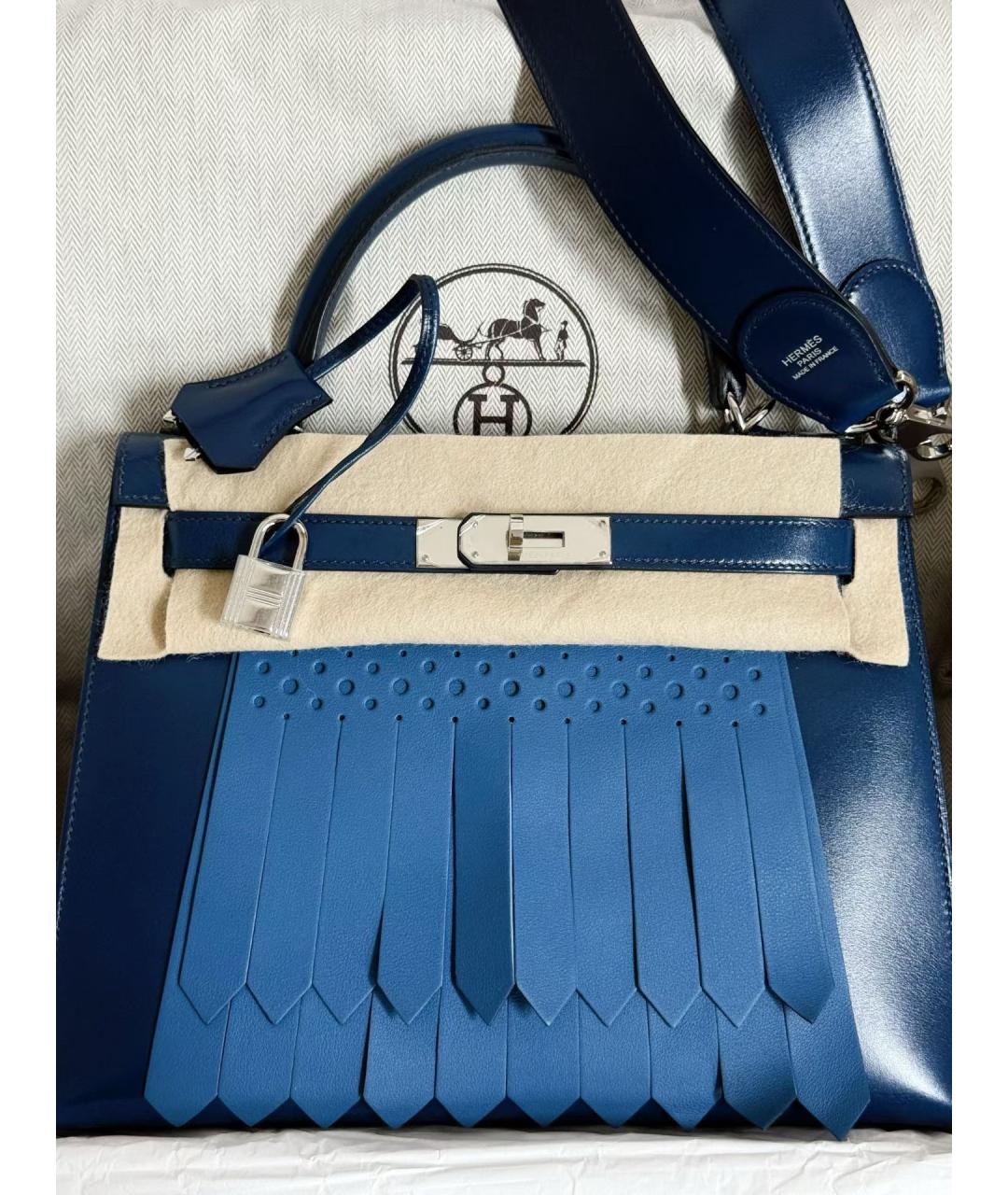 HERMES Синяя кожаная сумка с короткими ручками, фото 3
