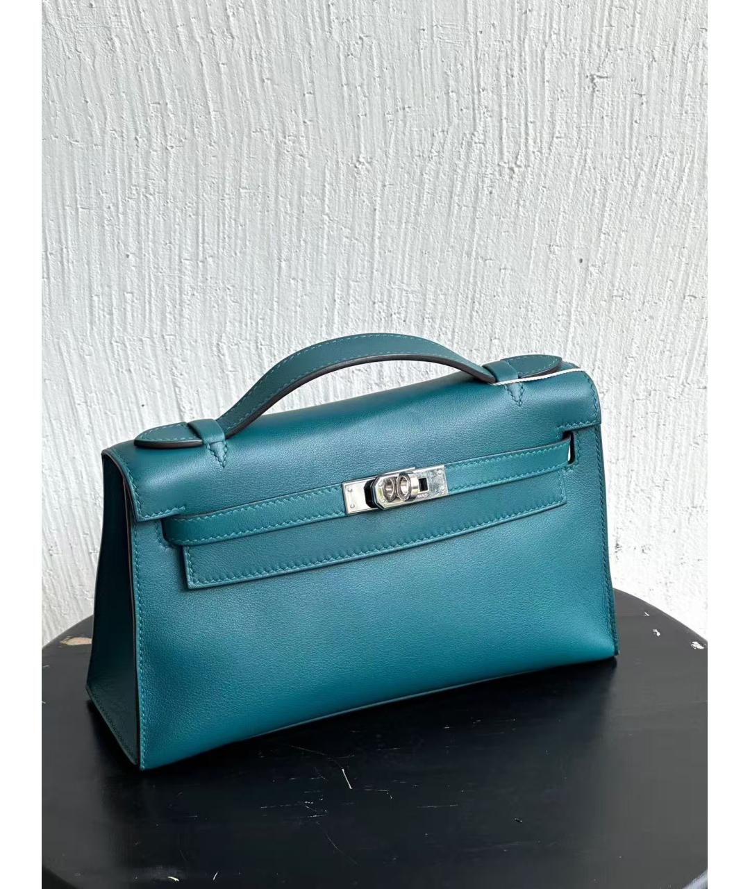 HERMES Бирюзовая кожаная сумка с короткими ручками, фото 9