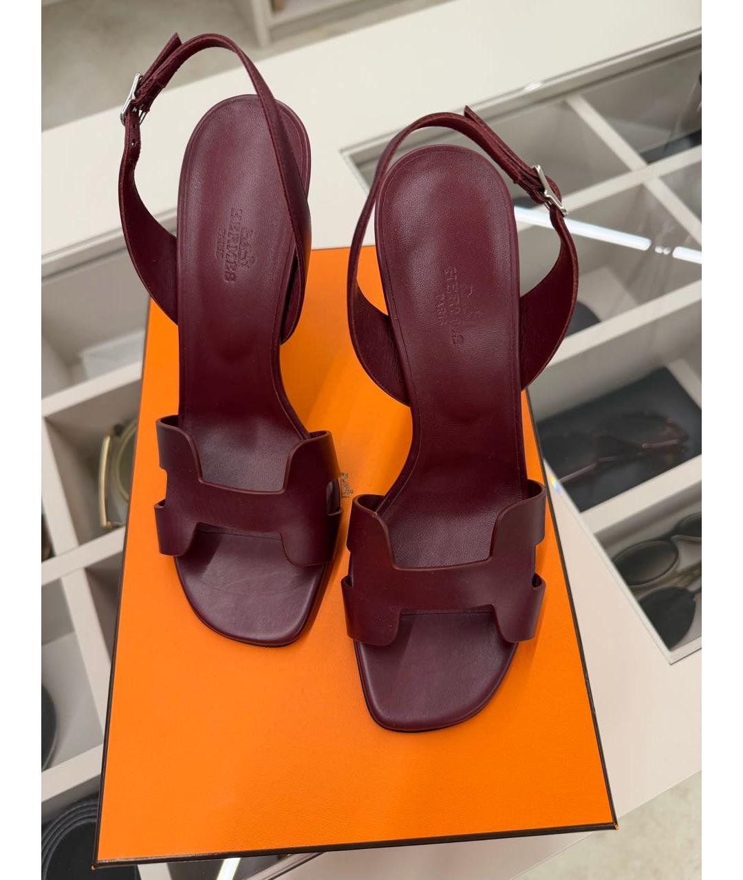 HERMES Бордовые кожаные босоножки, фото 3