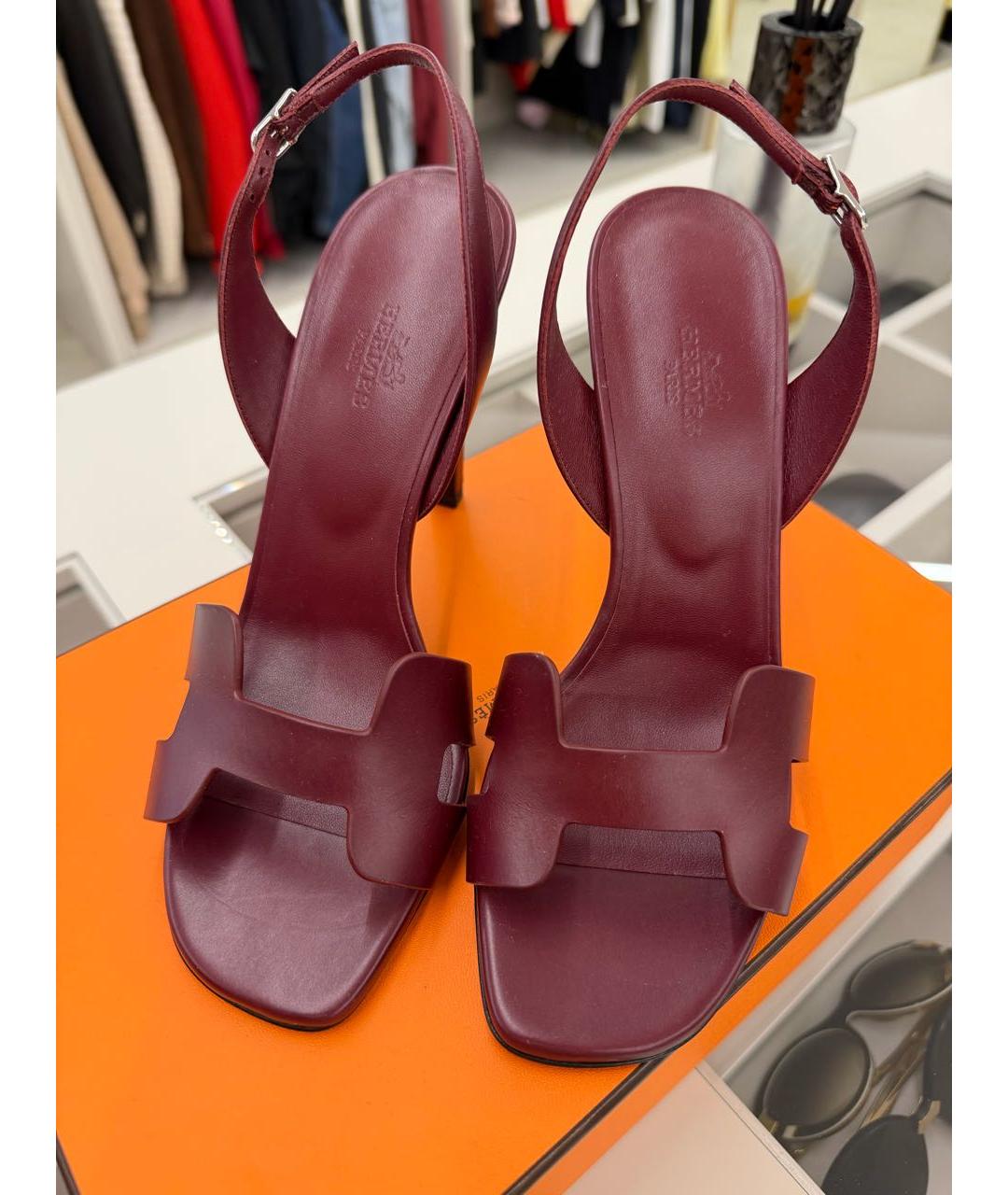 HERMES Бордовые кожаные босоножки, фото 5