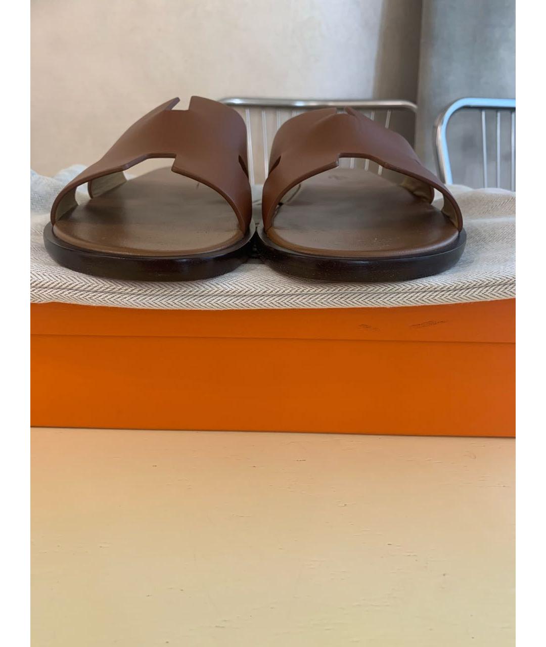 HERMES Коричневые кожаные шлепанцы, фото 8