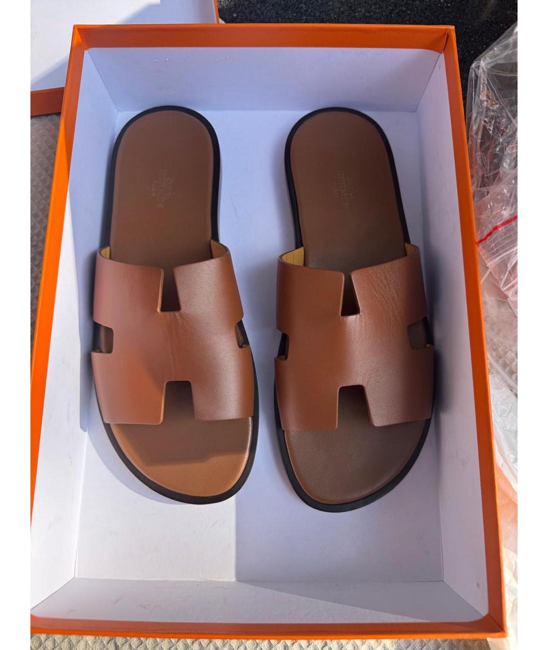 HERMES Коричневые кожаные шлепанцы, фото 2