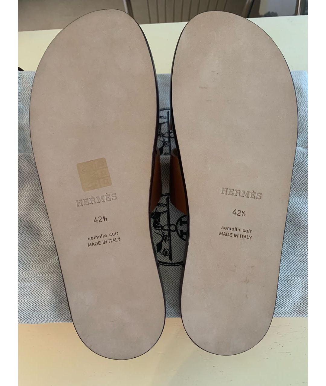 HERMES Коричневые кожаные шлепанцы, фото 7