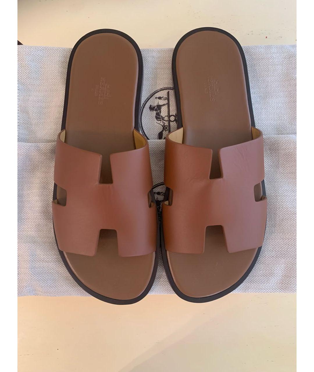 HERMES Коричневые кожаные шлепанцы, фото 6