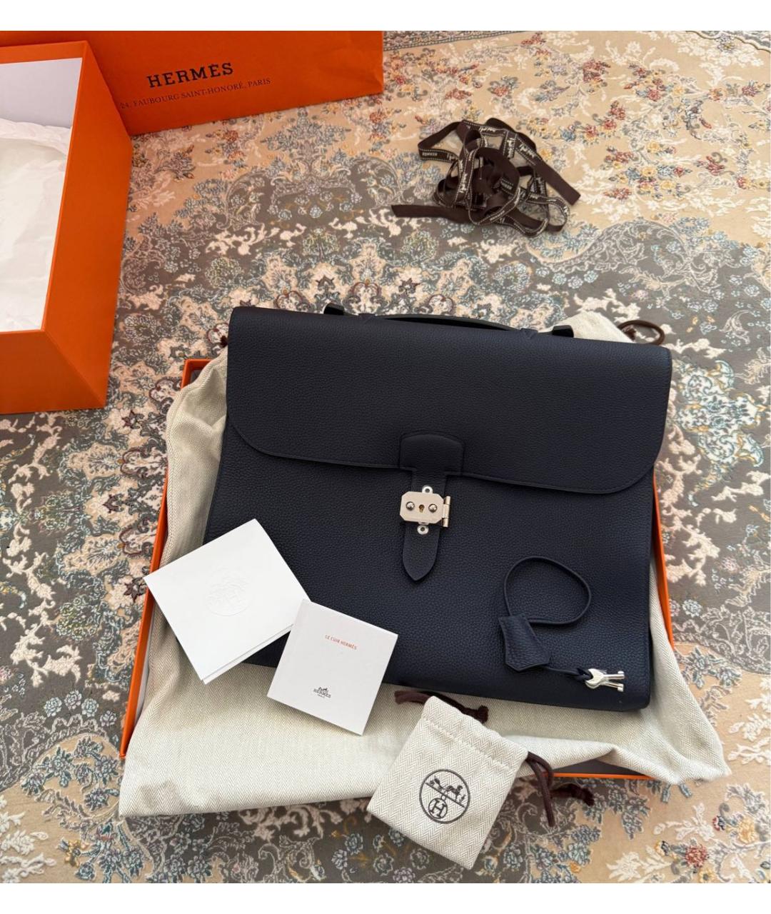 HERMES Темно-синий кожаный портфель, фото 5