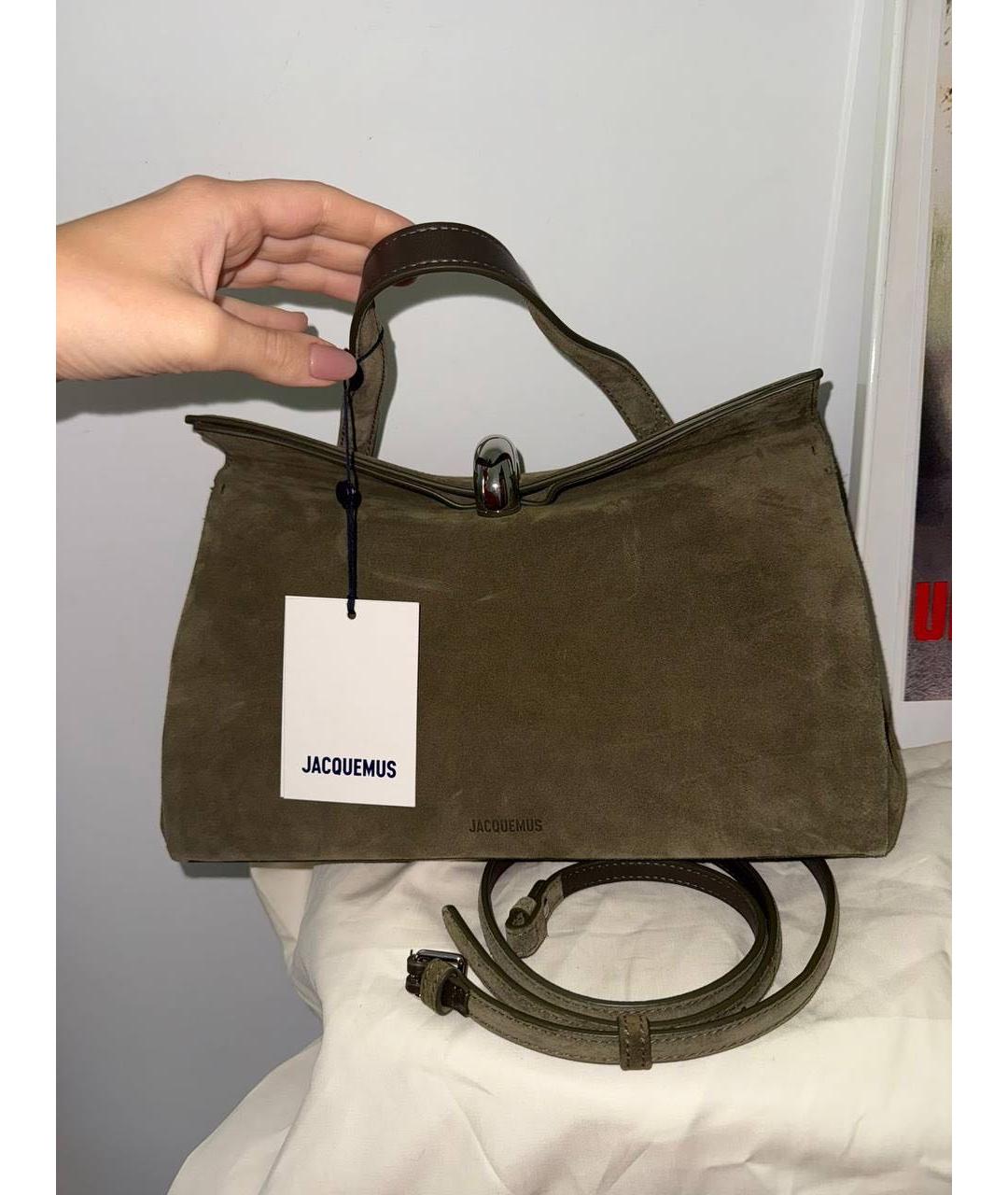 JACQUEMUS Хаки замшевая сумка тоут, фото 3