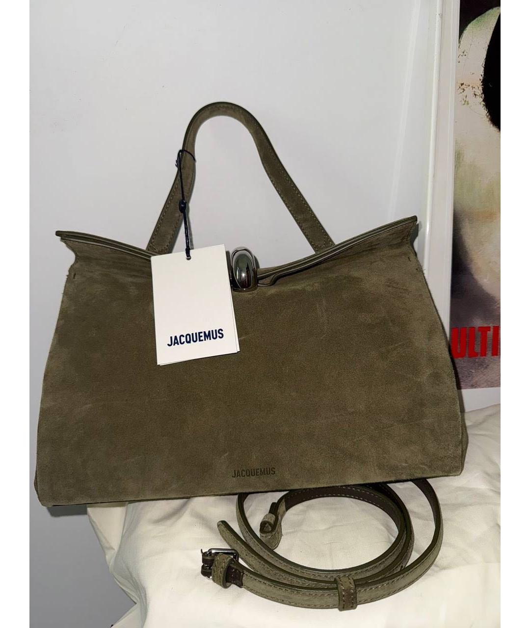 JACQUEMUS Хаки замшевая сумка тоут, фото 2