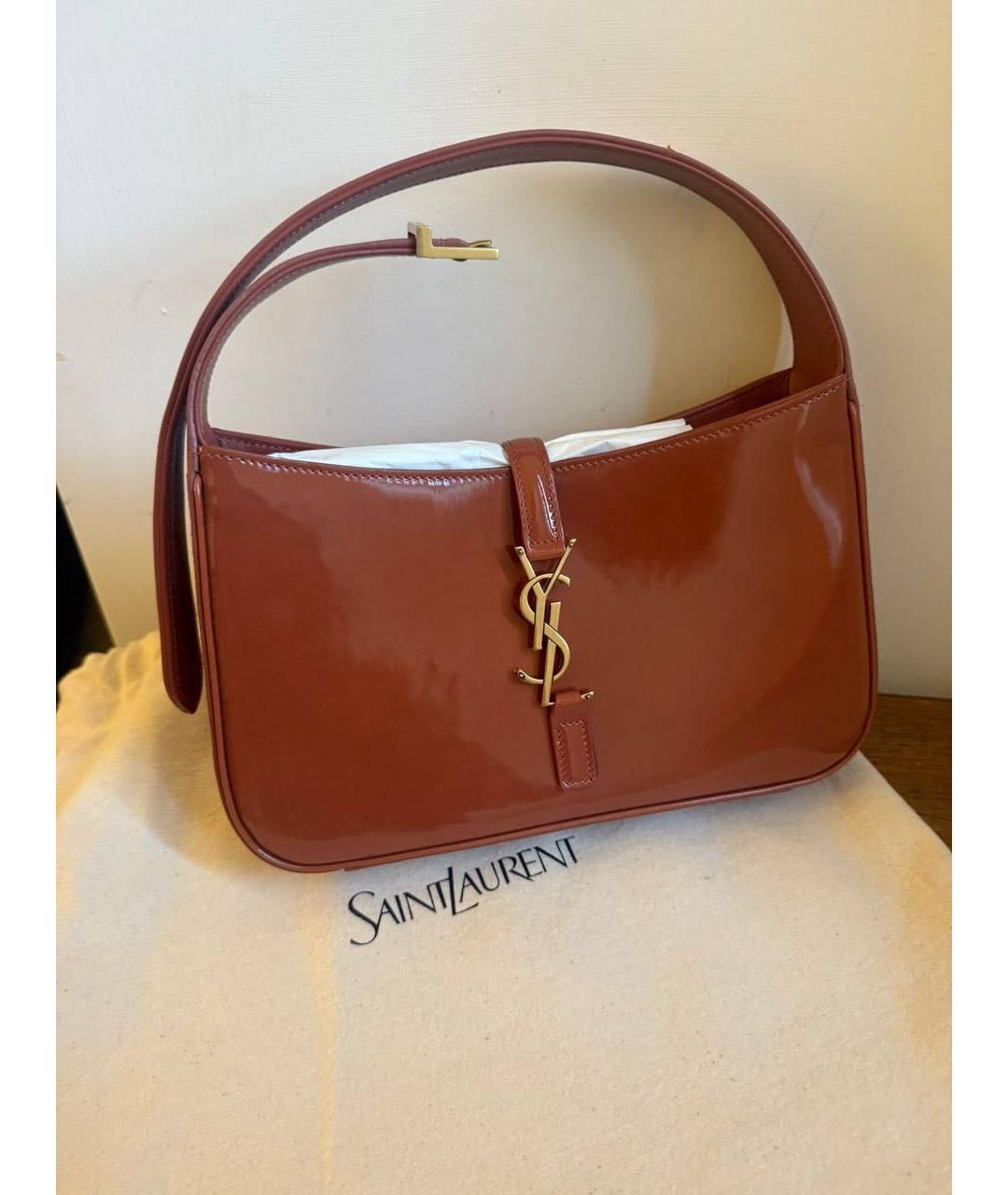 SAINT LAURENT Коричневая кожаная сумка с короткими ручками, фото 7