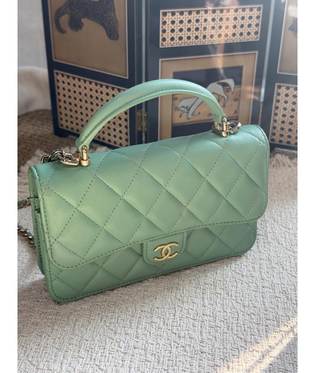 CHANEL Зеленая кожаная сумка с короткими ручками, фото 10