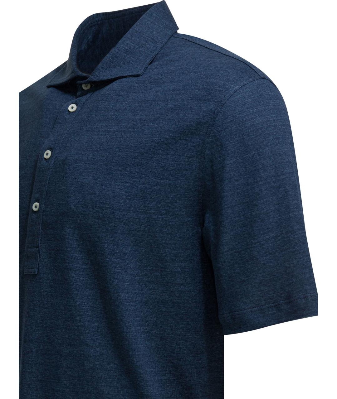 BRUNELLO CUCINELLI Синее хлопко-леновое поло с коротким рукавом, фото 4