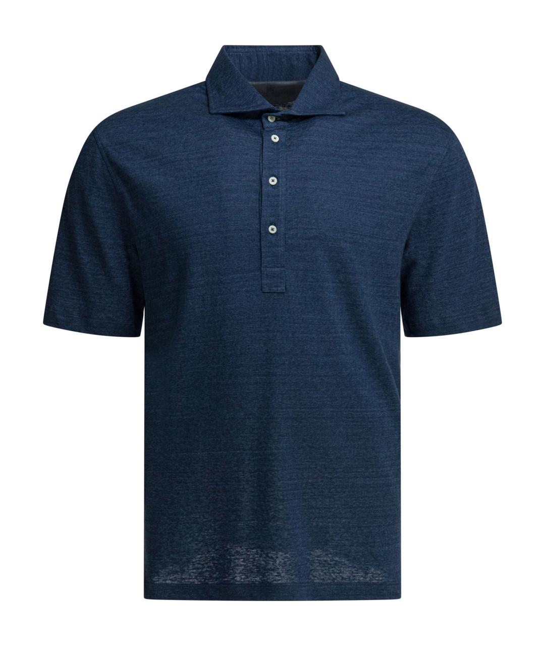 BRUNELLO CUCINELLI Синее хлопко-леновое поло с коротким рукавом, фото 1