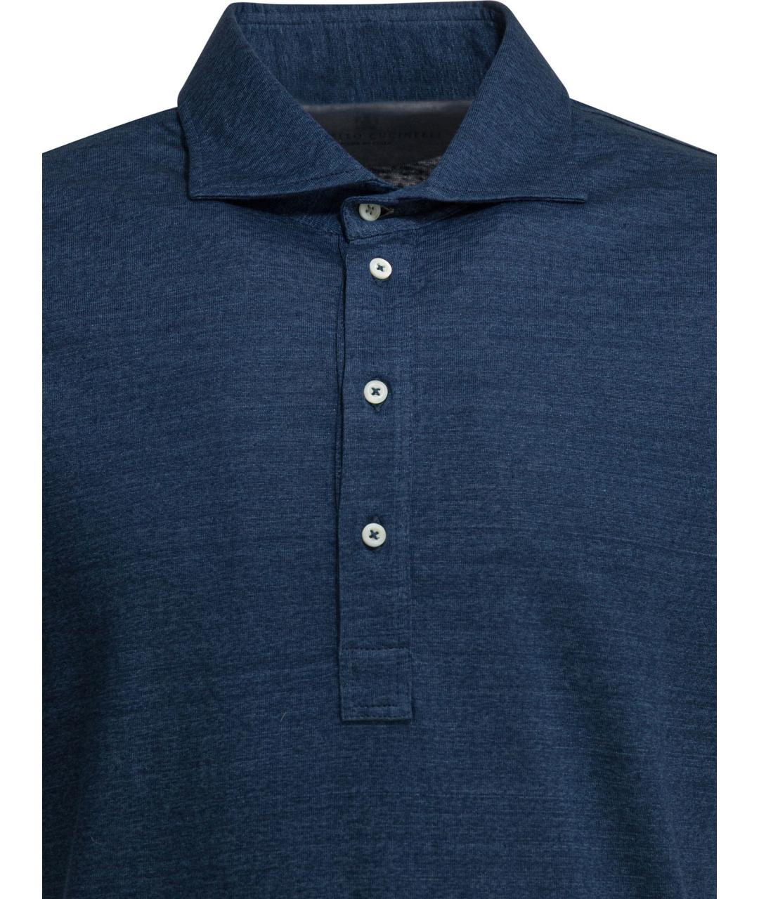 BRUNELLO CUCINELLI Синее хлопко-леновое поло с коротким рукавом, фото 3