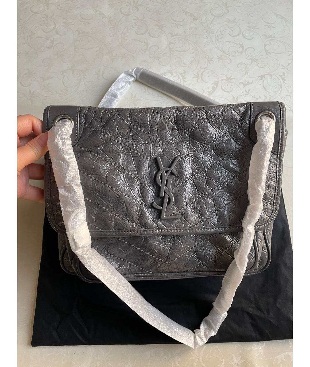 SAINT LAURENT Серая кожаная сумка через плечо, фото 7